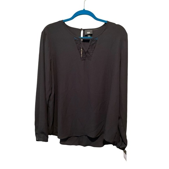 Mossimo Blouse Top Women SZ L Black Long Sleeve Keyhole Neck Pullover Polyester - Picture 1 of 5
